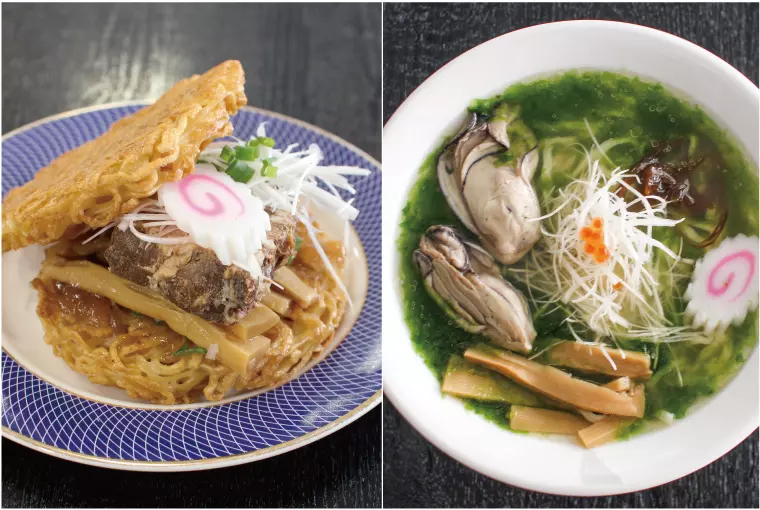 ▲（左）「喜多方ラーメンバーガー」・・・500円(税込)
　（右）「潮風ラーメン」・・・850円(税込)